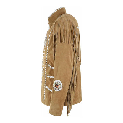 Beige Western Suede Leather Fringe Bone Beaded Cowboy Jacket NLS-275