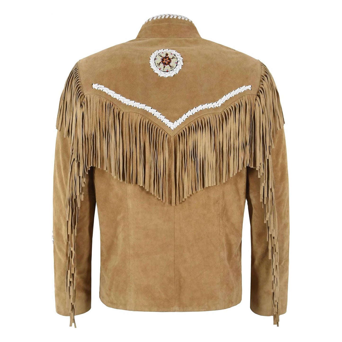 Tan suede jacket with fringe and decorative elements on a white background