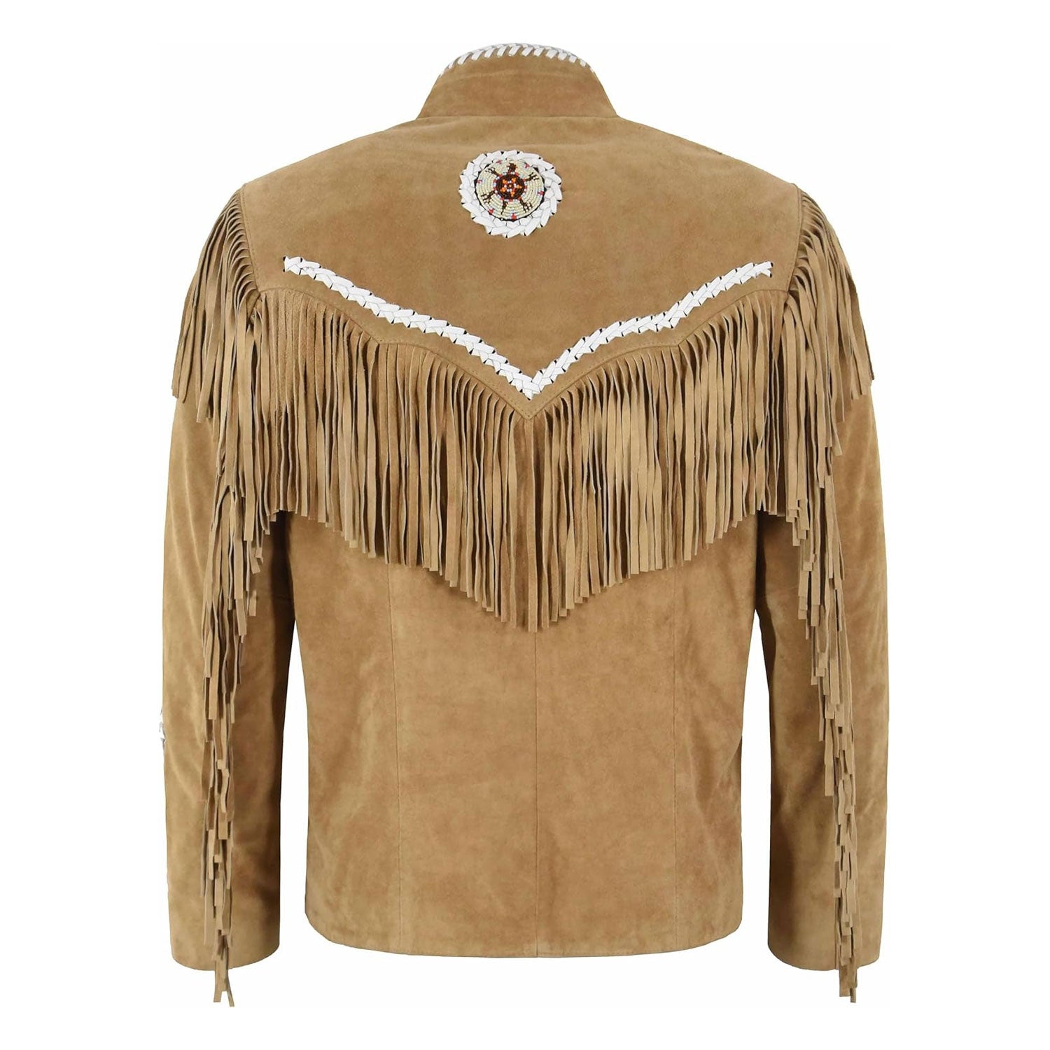 Tan suede jacket with fringe and decorative elements on a white background