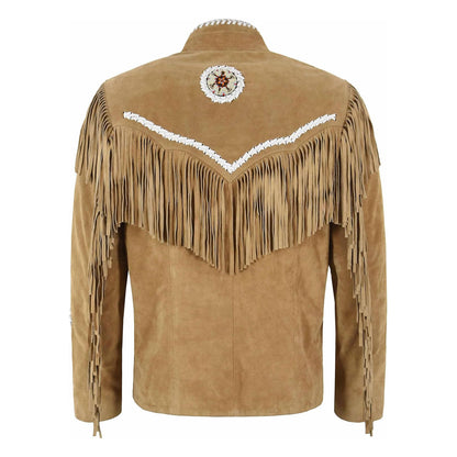 Tan suede jacket with fringe and decorative elements on a white background