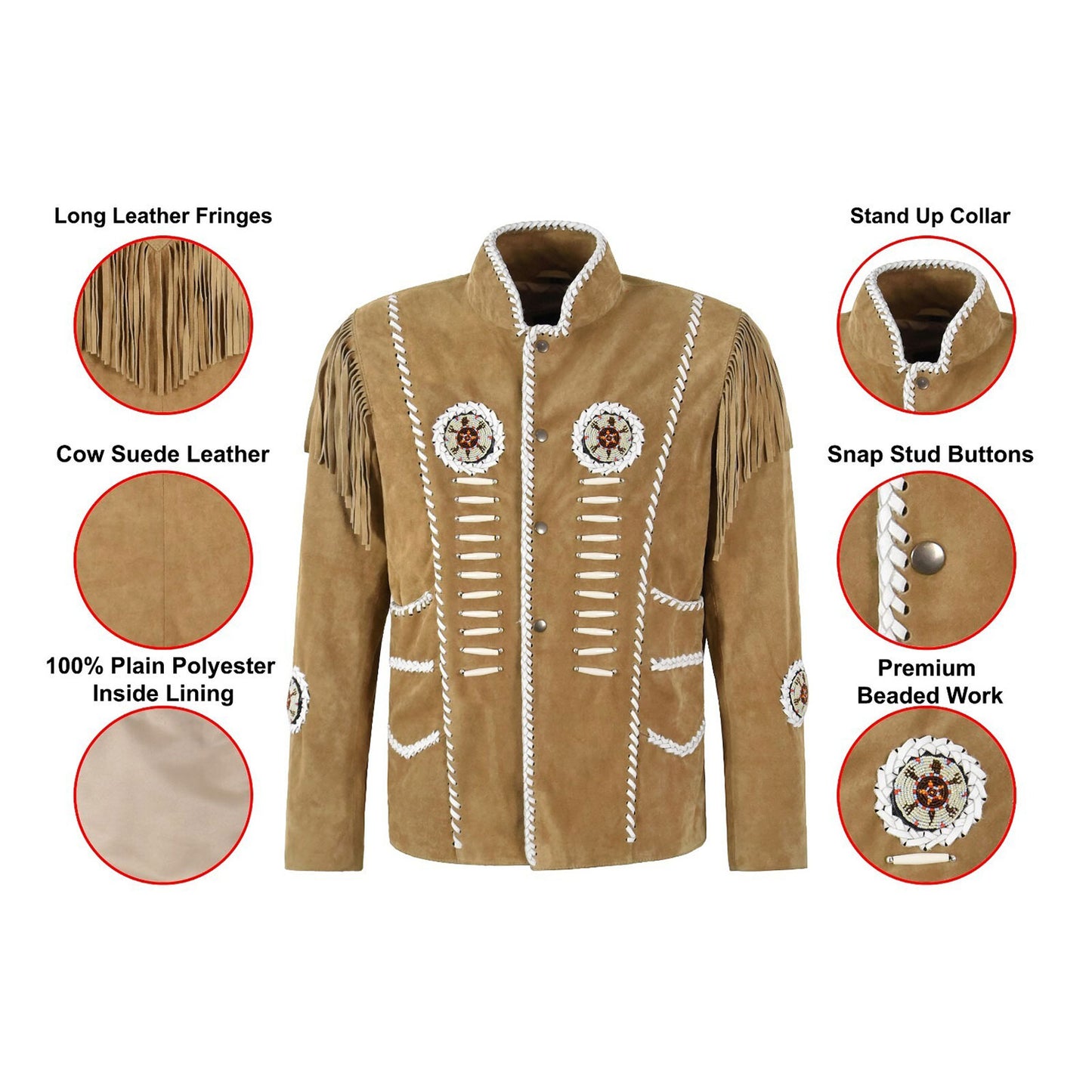 Beige Western Suede Leather Fringe Bone Beaded Cowboy Jacket NLS-275