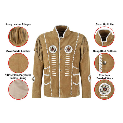 Beige Western Suede Leather Fringe Bone Beaded Cowboy Jacket NLS-275