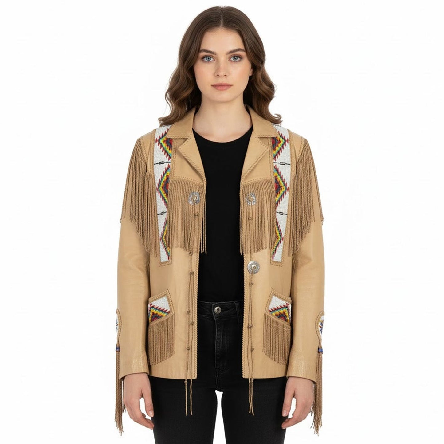 Beige Women’s Native American Beaded Leather Jacket NLS-028