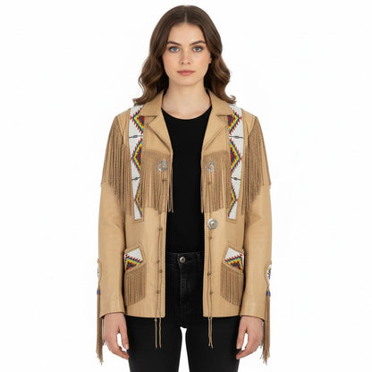 Beige Women’s Native American Beaded Leather Jacket NLS-028