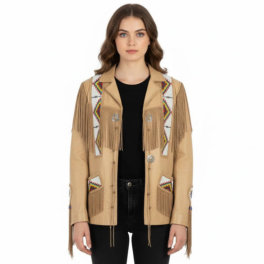 Beige Women’s Native American Beaded Leather Jacket NLS-028