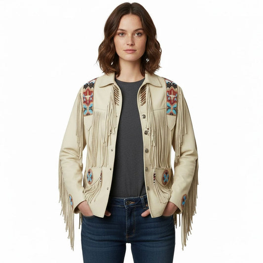 Beige Women’s Native American Fringe Leather Jacket NLS-026