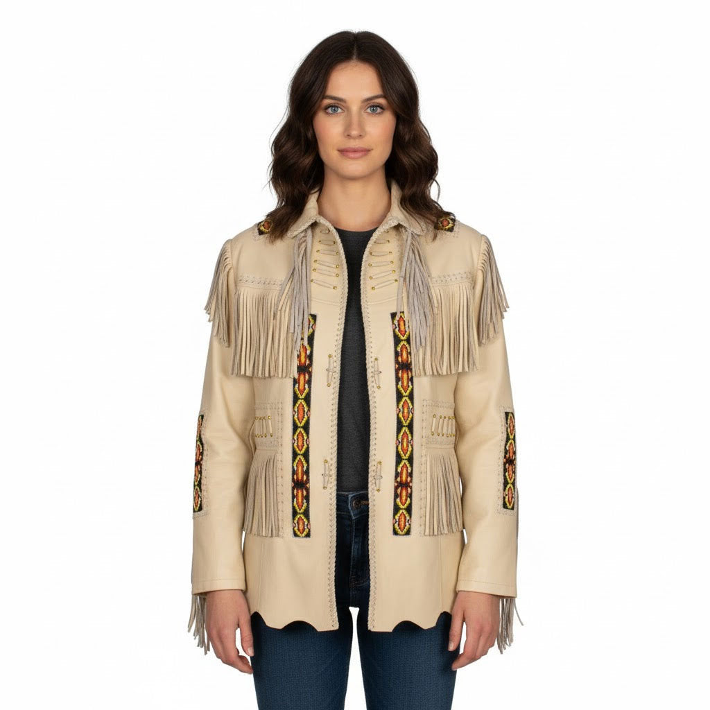 Beige Women’s Western Beige Fringe Leather Jacket NLS-015