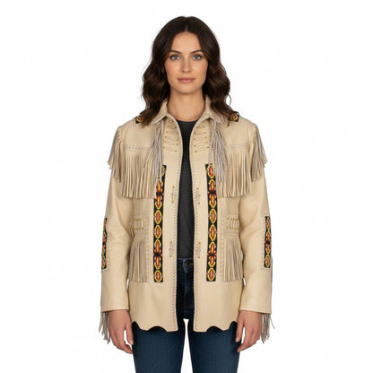 Beige Women’s Western Beige Fringe Leather Jacket NLS-015