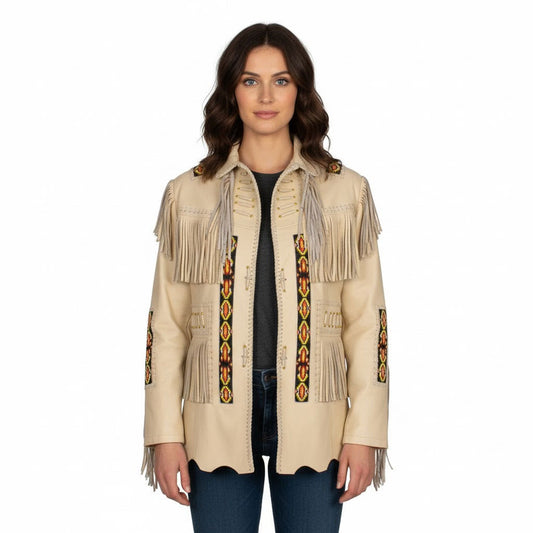 Beige Women’s Western Beige Fringe Leather Jacket NLS-015