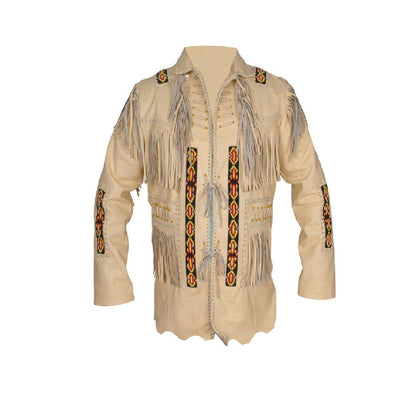 Beige Women’s Western Beige Fringe Leather Jacket NLS-015