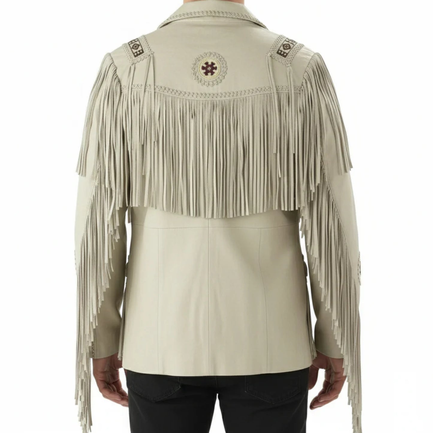 Beige Women’s Western Fringe Leather Jacket NLS-013