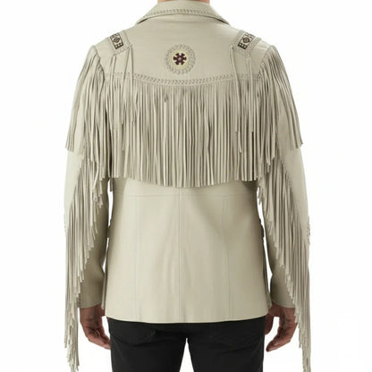 Beige Women’s Western Fringe Leather Jacket NLS-013