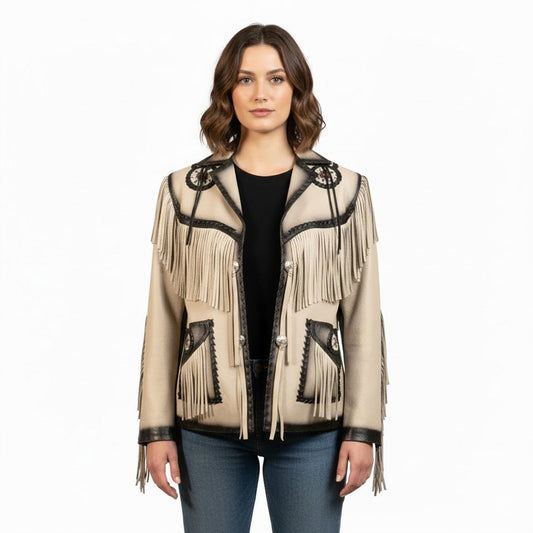 Beige Women’s Western Fringe Leather Jacket NLS-014