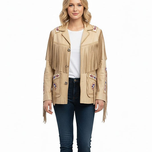 Beige Women’s Western Fringe Leather Jacket NLS-017