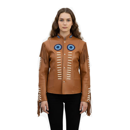 Beige Women’s Western Fringe Leather Jacket NLS-018