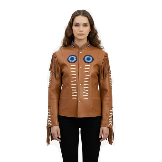 Beige Women’s Western Fringe Leather Jacket NLS-018