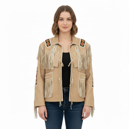 Beige Women’s Western Fringe Leather Jacket NLS-020