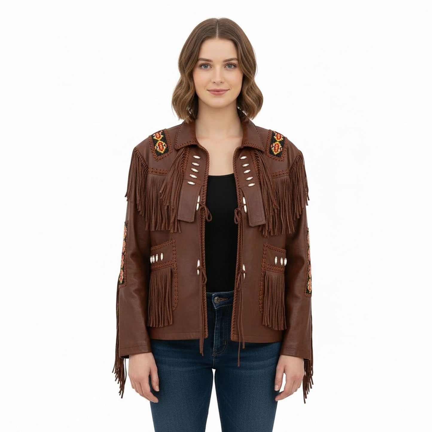 Beige Women’s Western Fringe Leather Jacket NLS-020