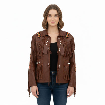 Beige Women’s Western Fringe Leather Jacket NLS-020