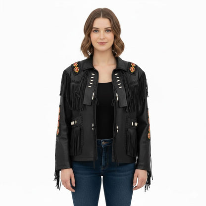 Beige Women’s Western Fringe Leather Jacket NLS-020