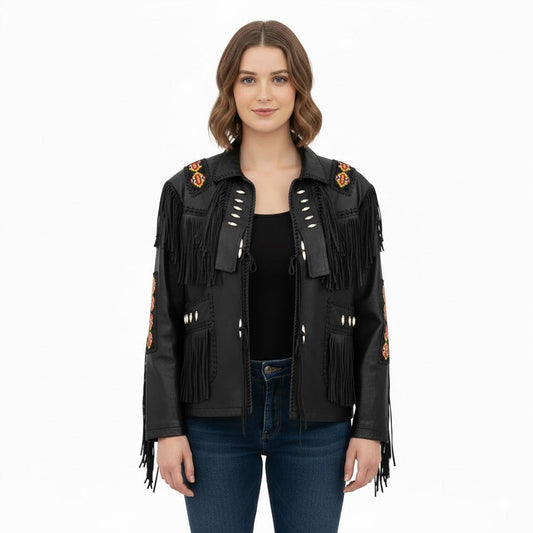 Beige Women’s Western Fringe Leather Jacket NLS-020