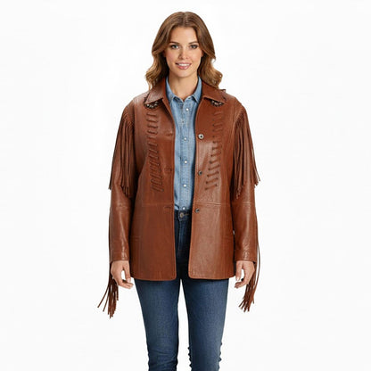 Beige Women’s Western Fringe Leather Jacket NLS-023