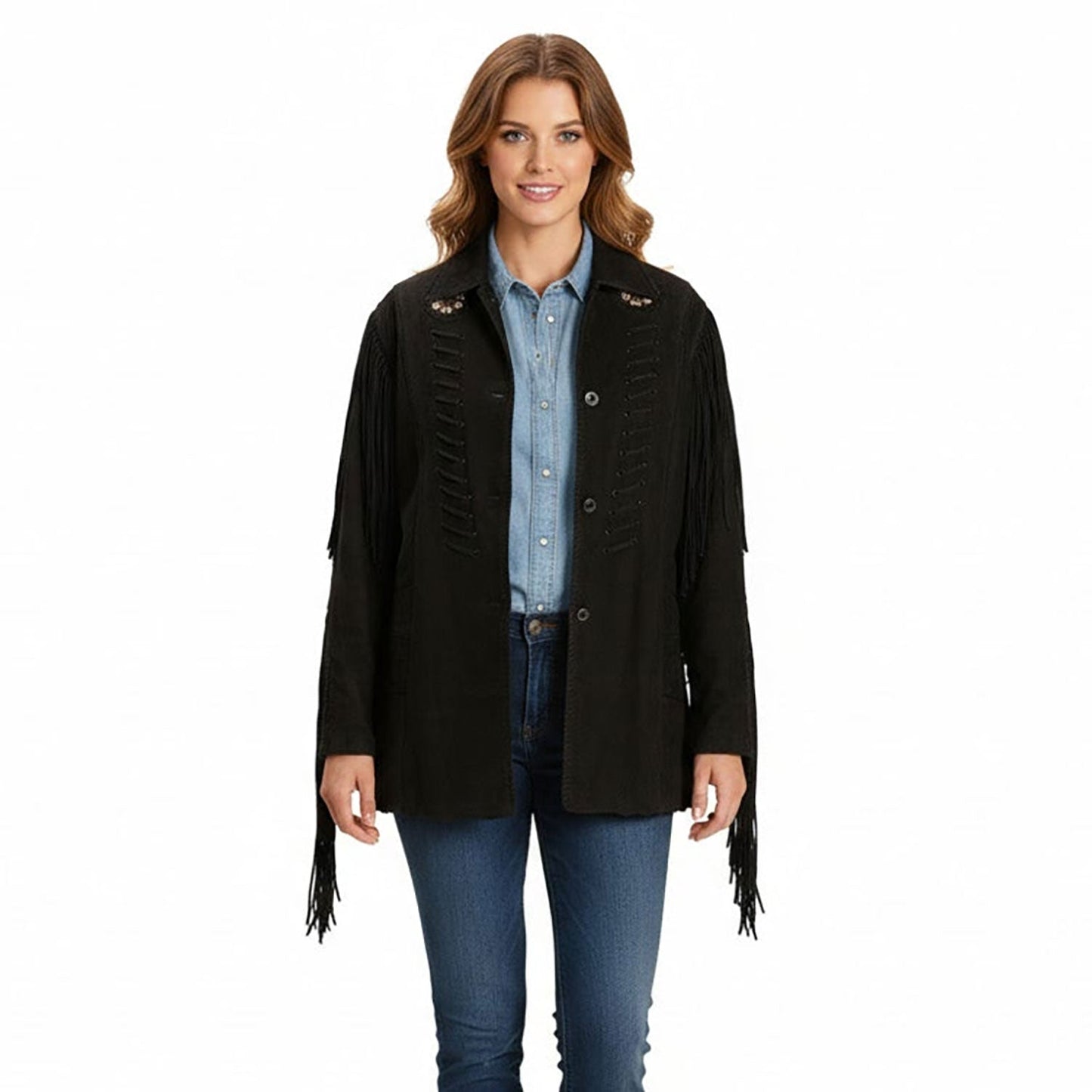 Beige Women’s Western Fringe Leather Jacket NLS-023