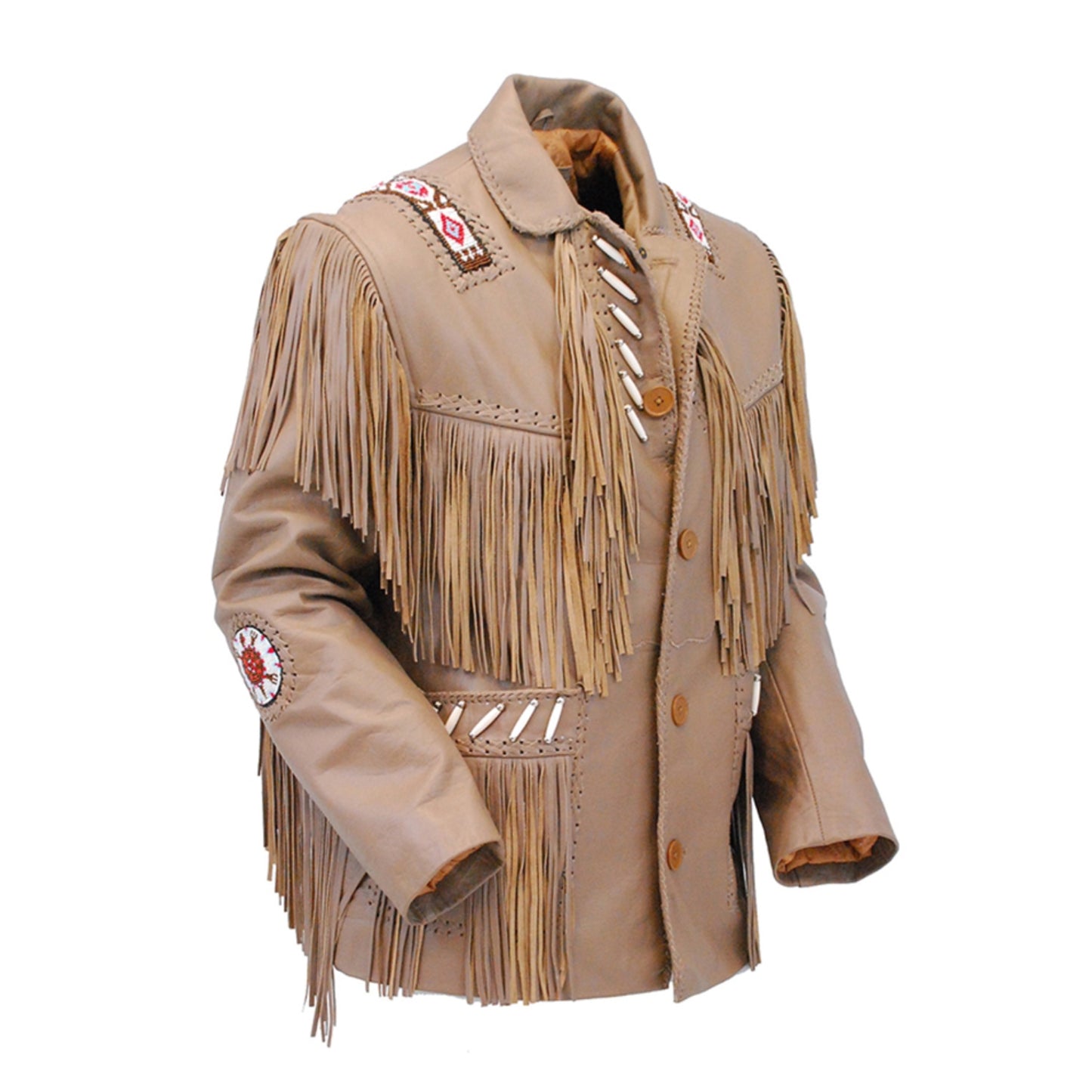 Beige Western Fringe Beaded Leather Cowboy Jacket NLS-079