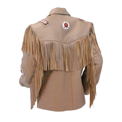 Beige Western Fringe Beaded Leather Cowboy Jacket NLS-079