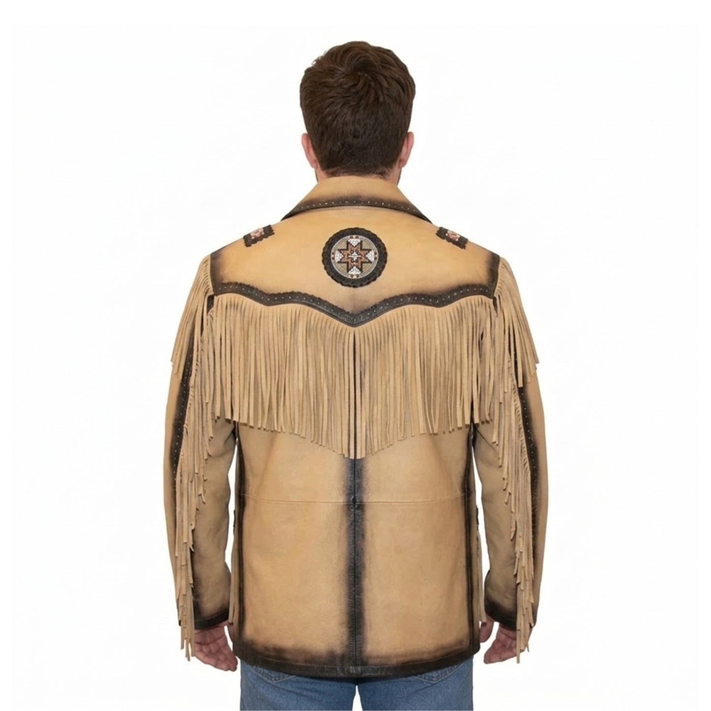 Beige Western Fringe Beaded Leather Cowboy Jacket NLS-081