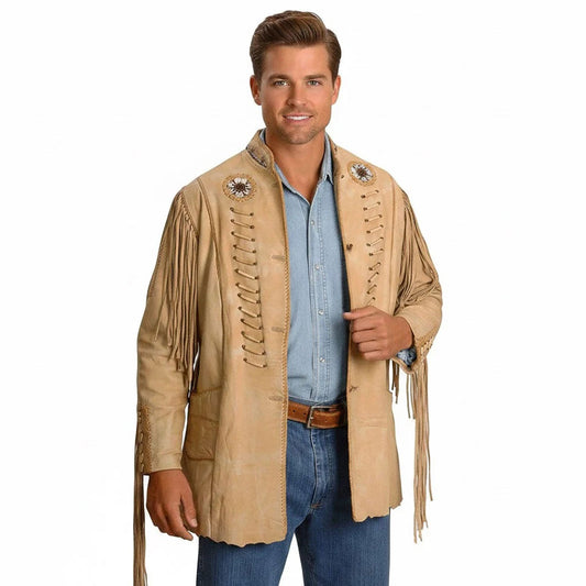 Beige Western Fringe Beaded Leather Cowboy Jacket NLS-286
