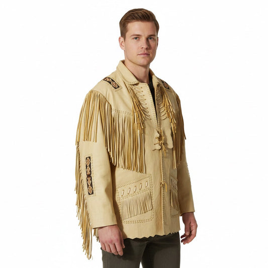 Beige Western Leather Fringe Beaded Cowboy Jacket NLS-279
