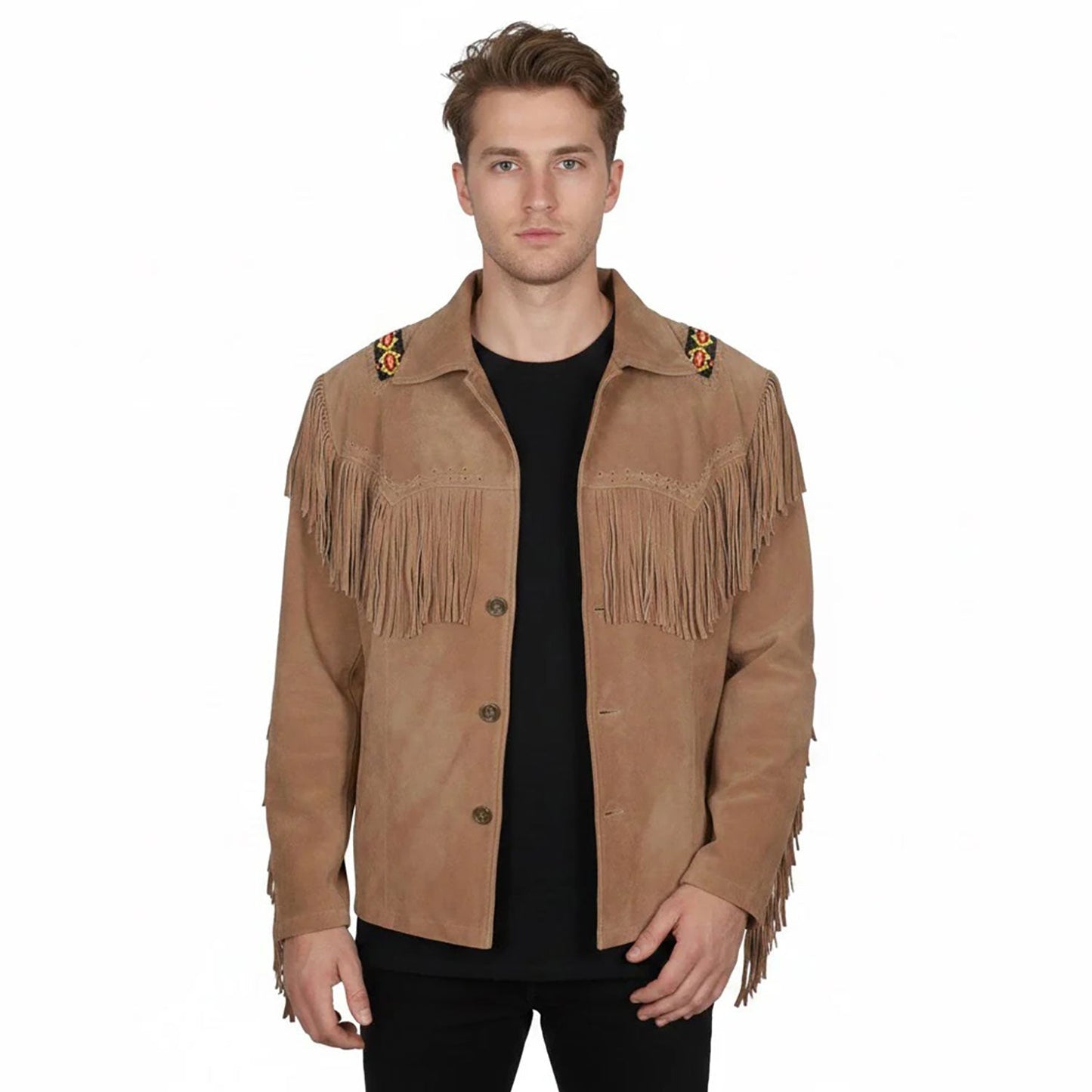Beige Western Suede Leather Fringe Beaded Cowboy Jacket NLS-276