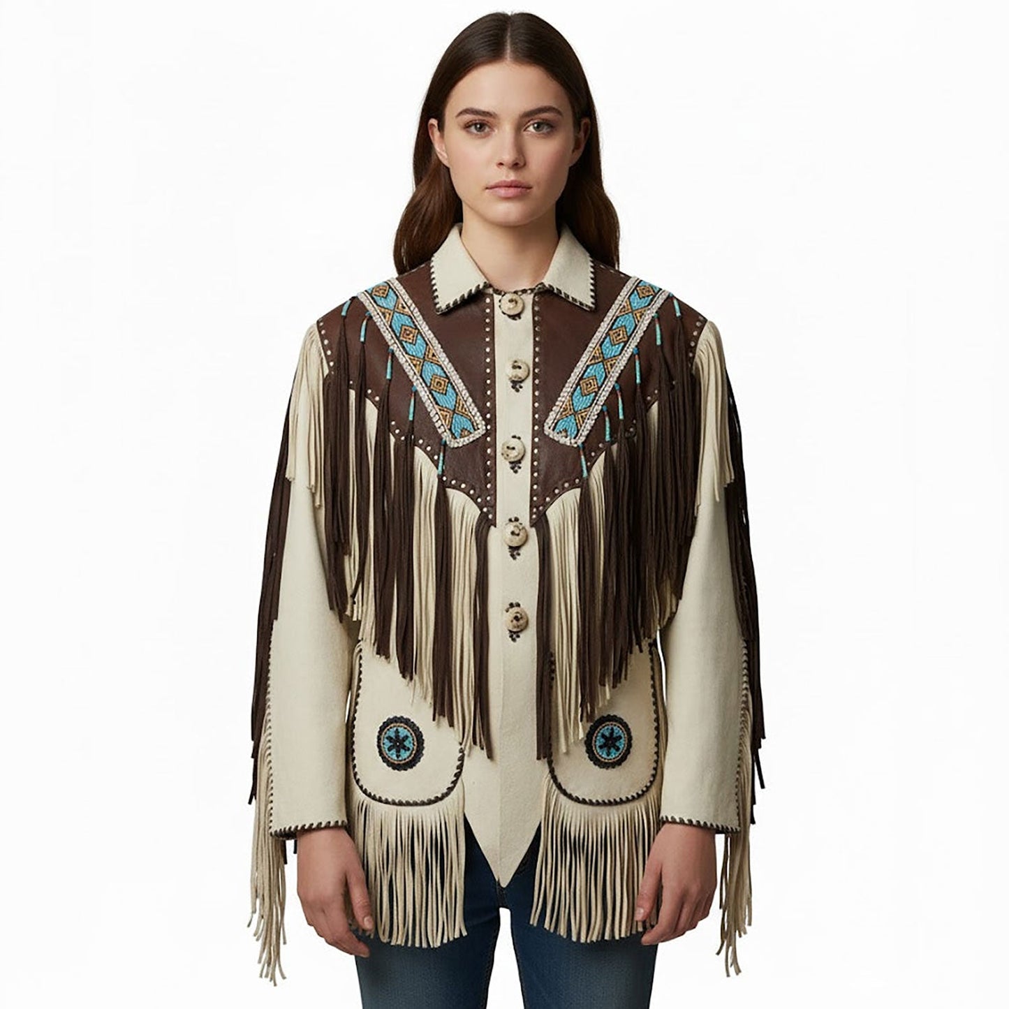 Beige Women’s Native American Beaded Leather Jacket NLS-027