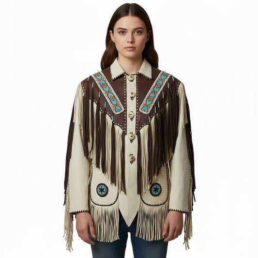 Beige Women’s Native American Beaded Leather Jacket NLS-027
