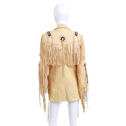 Beige Women’s Native American Beaded Leather Jacket NLS-028