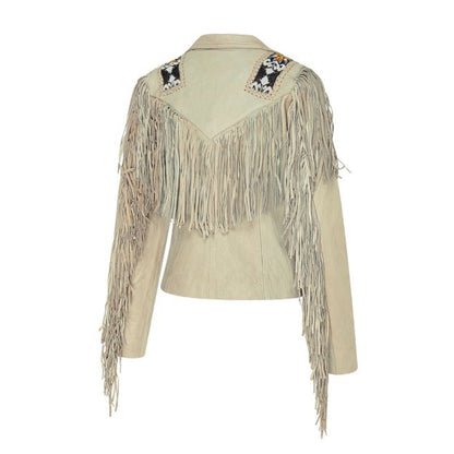Beige Women’s Native American Fringe Leather Jacket NLS-026