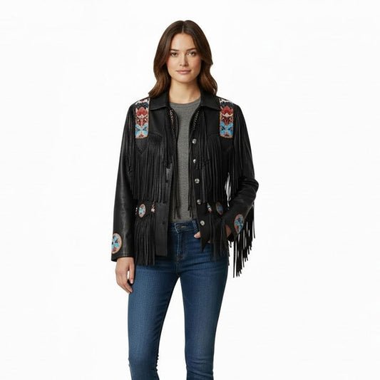 Beige Women’s Western Fringe Leather Jacket Coat NLS-024