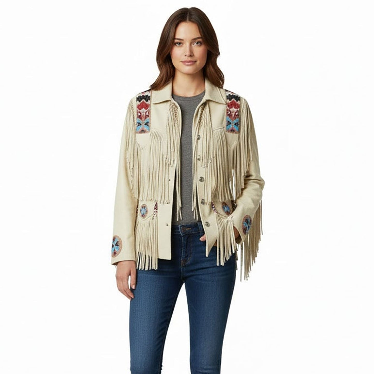 Beige Women’s Western Fringe Leather Jacket Coat NLS-024