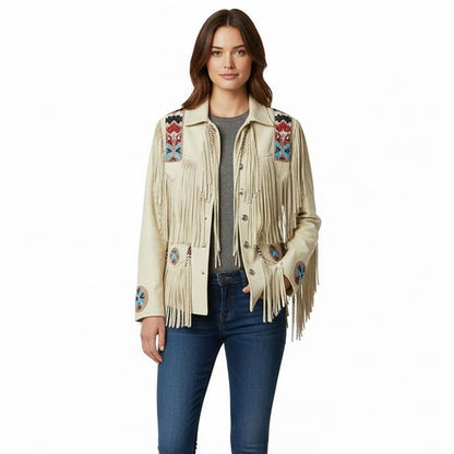 Beige Women’s Western Fringe Leather Jacket Coat NLS-024