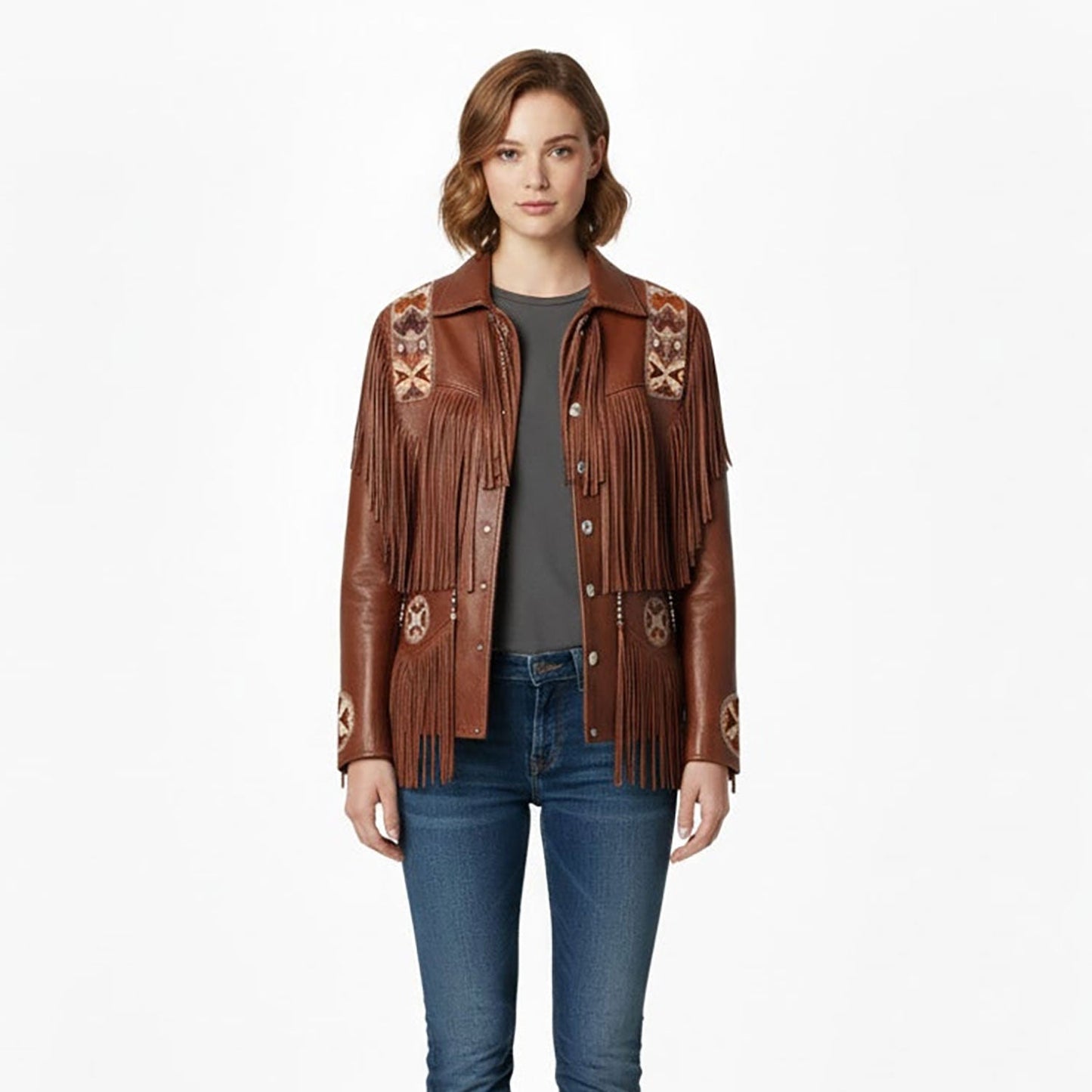Beige Women’s Western Fringe Leather Jacket Coat NLS-024