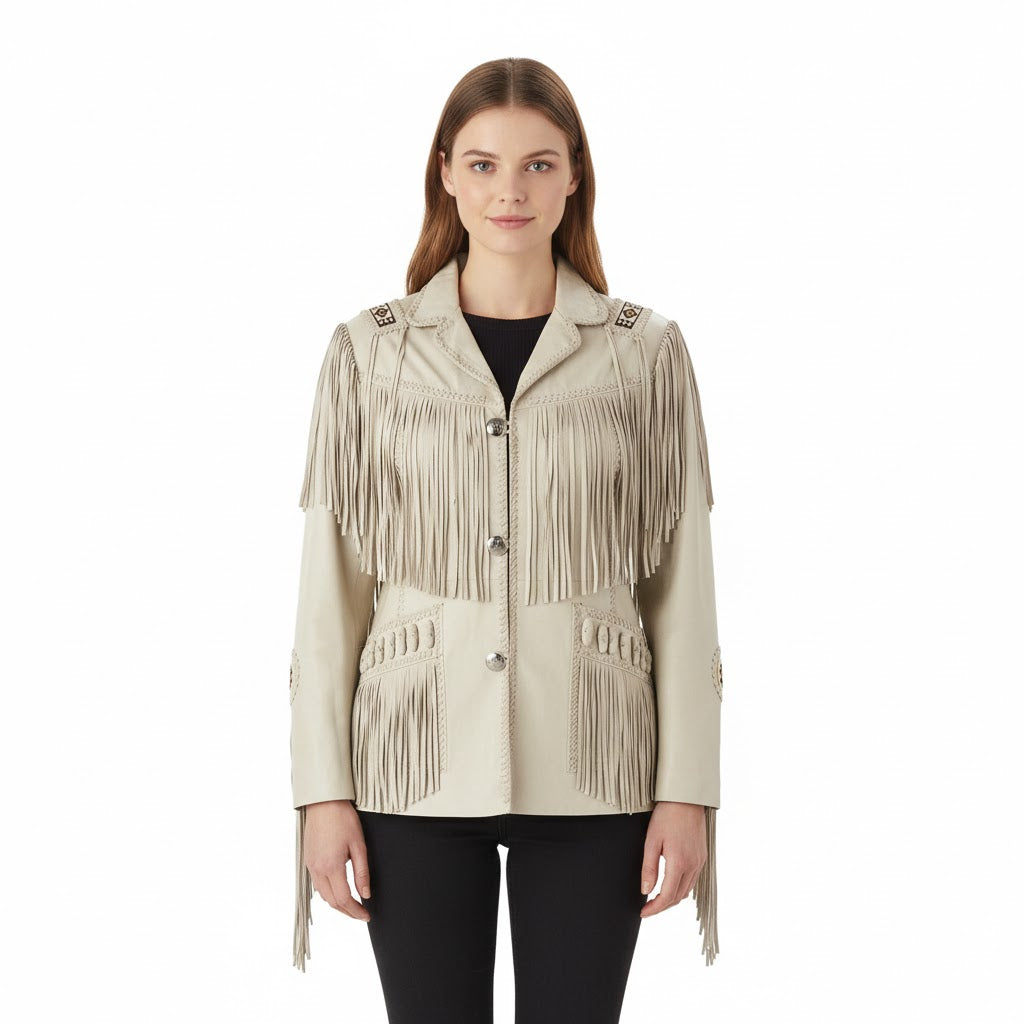 Beige Women’s Western Fringe Leather Jacket NLS-013