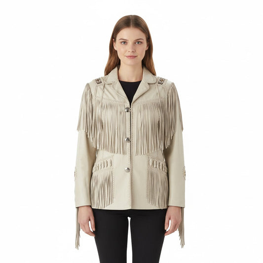 Beige Women’s Western Fringe Leather Jacket NLS-013