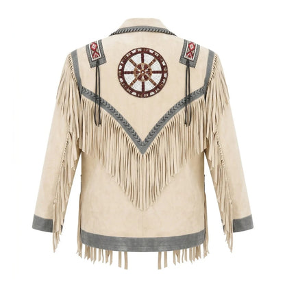 Beige Women’s Western Fringe Leather Jacket NLS-014