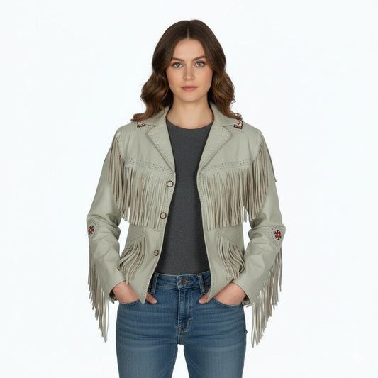 Beige Women’s Western Fringe Leather Jacket NLS-016