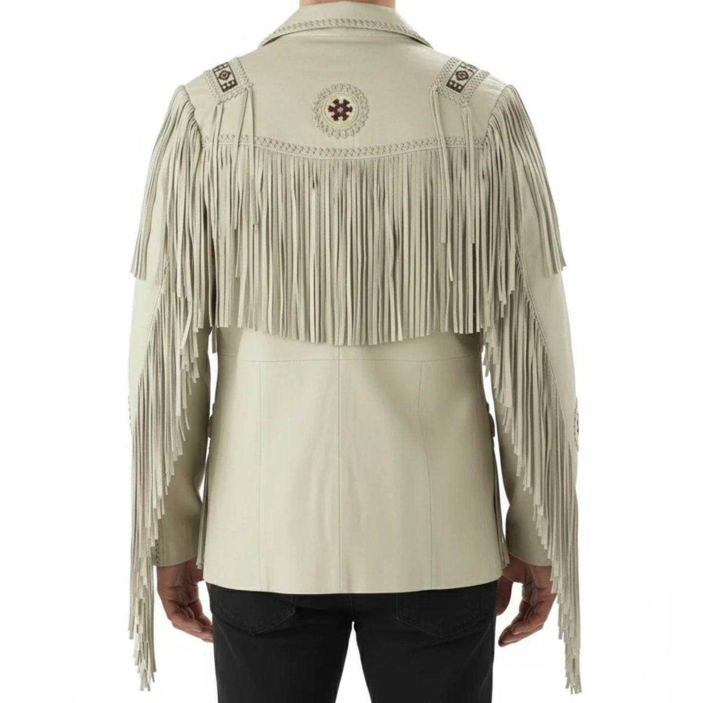Beige Women’s Western Fringe Leather Jacket NLS-016