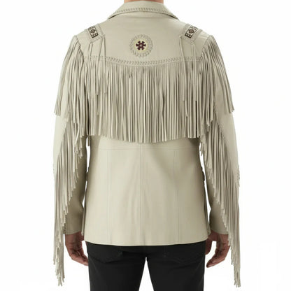 Beige Women’s Western Fringe Leather Jacket NLS-016