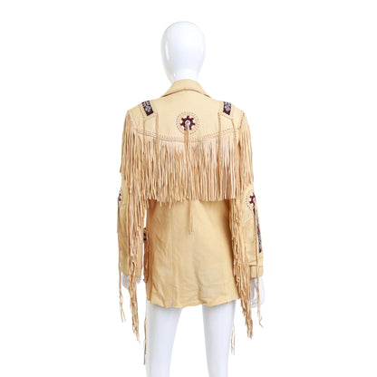 Beige Women’s Western Fringe Leather Jacket NLS-017