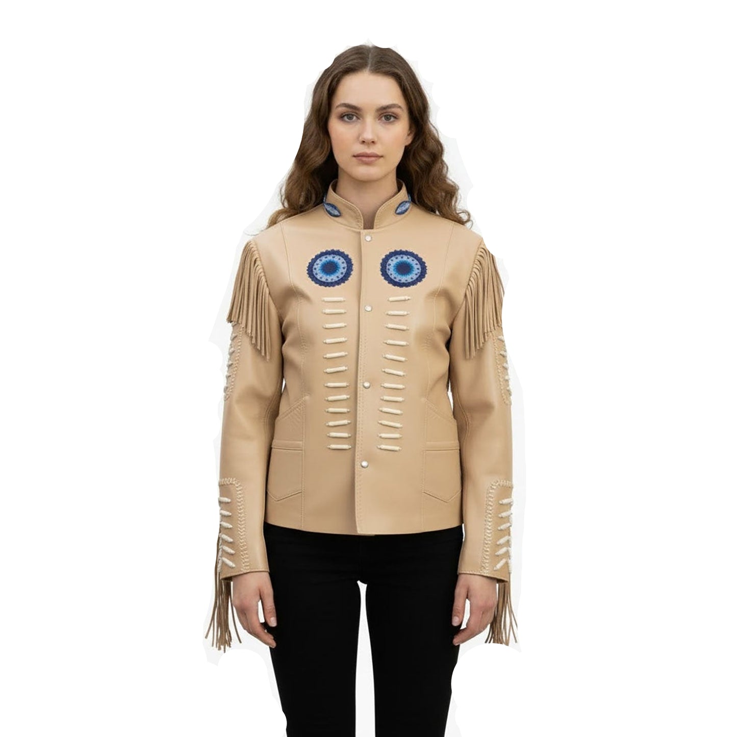 Beige Women’s Western Fringe Leather Jacket NLS-018