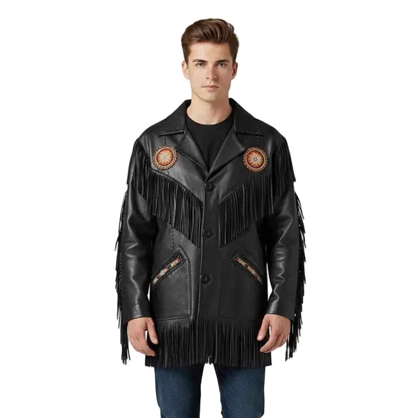 Man wearing a black leather jacket with fringes and decorative elements - Native Leather Shop